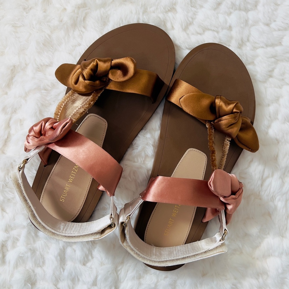 Stuart Weitzman Satin Bow Brown and Rose Gold Flat Sandals